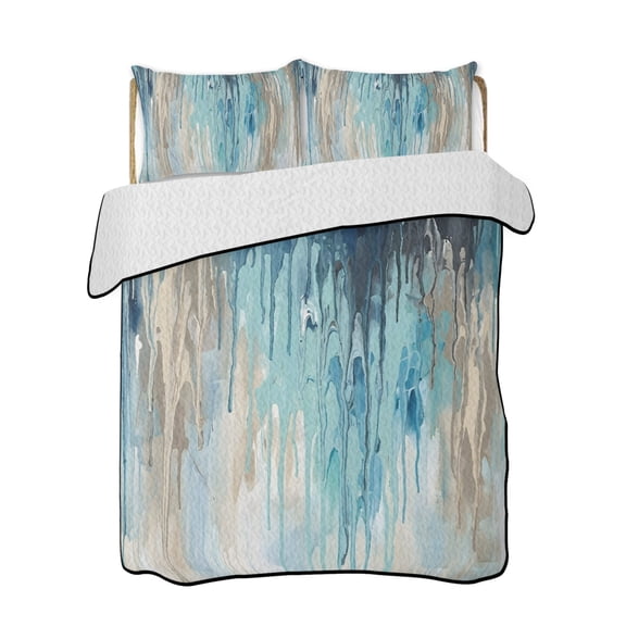 Abstract Rain Quilts Bedding Set Twin Size Modern Teal Beige Blue Ocean Waves Water Drops Lightweight Quilted Bedspread 3 Piece Bed Quilt with 2 Pillow Shams All Season for Bedroom 68" x 86"