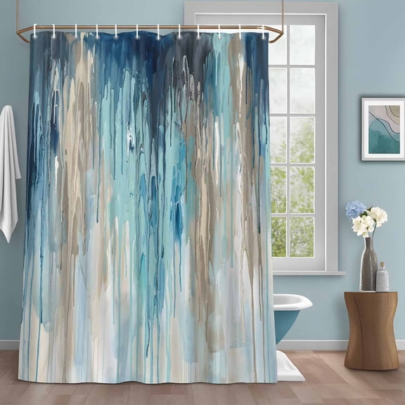 Abstract Rain Shower Curtain with Hooks, Modern Teal Beige Blue Ocean Waves Water Drops Water Repellent Shower Curtains for Bathroom Decor Sturdy Shower Curtain, Machine Washable 72x78 Inch