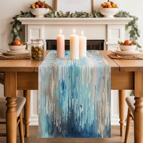 Abstract Rain Table Runner, Modern Teal Beige Blue Ocean Waves Water Drops Washable Cotton-linen Table Runners Dining Kitchen Decoration for Everyday Home Wedding Party Decor, 13 x 36 Inch