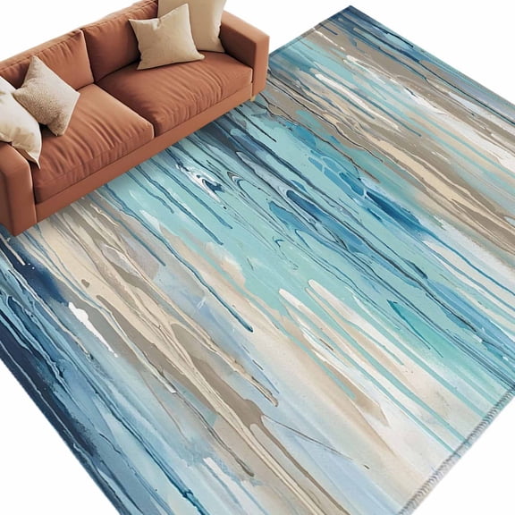 Abstract Rain Washable Living Room Rugs 9'x12', Modern Teal Beige Blue Ocean Waves Water Drops Low Pile Throw Large Area Rug Non-Slip Sturdy Edge Binding Carpet for Bedroom Dining Room Office