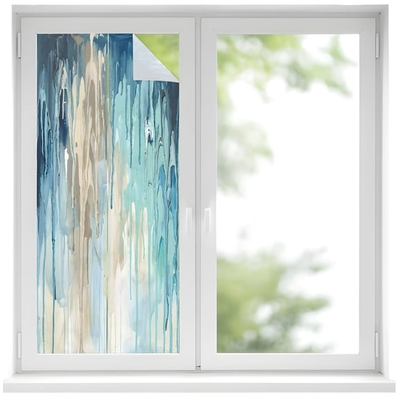 Abstract Rain Window Privacy Film 19.6x39.3in Modern Teal Beige Blue Ocean Waves Water Drops Decorative Window Film with Static Cling, UV Filtering Window Cling Privacy Film for Glass Doors