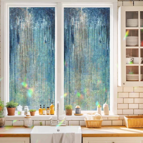 Abstract Rain Window Privacy Film Modern Teal Beige Blue Ocean Waves Water Drops Static Cling Stained Glass Window Film Non-Adhesive Decorative Decals Rainbow Sticker 17.7"X39.3"