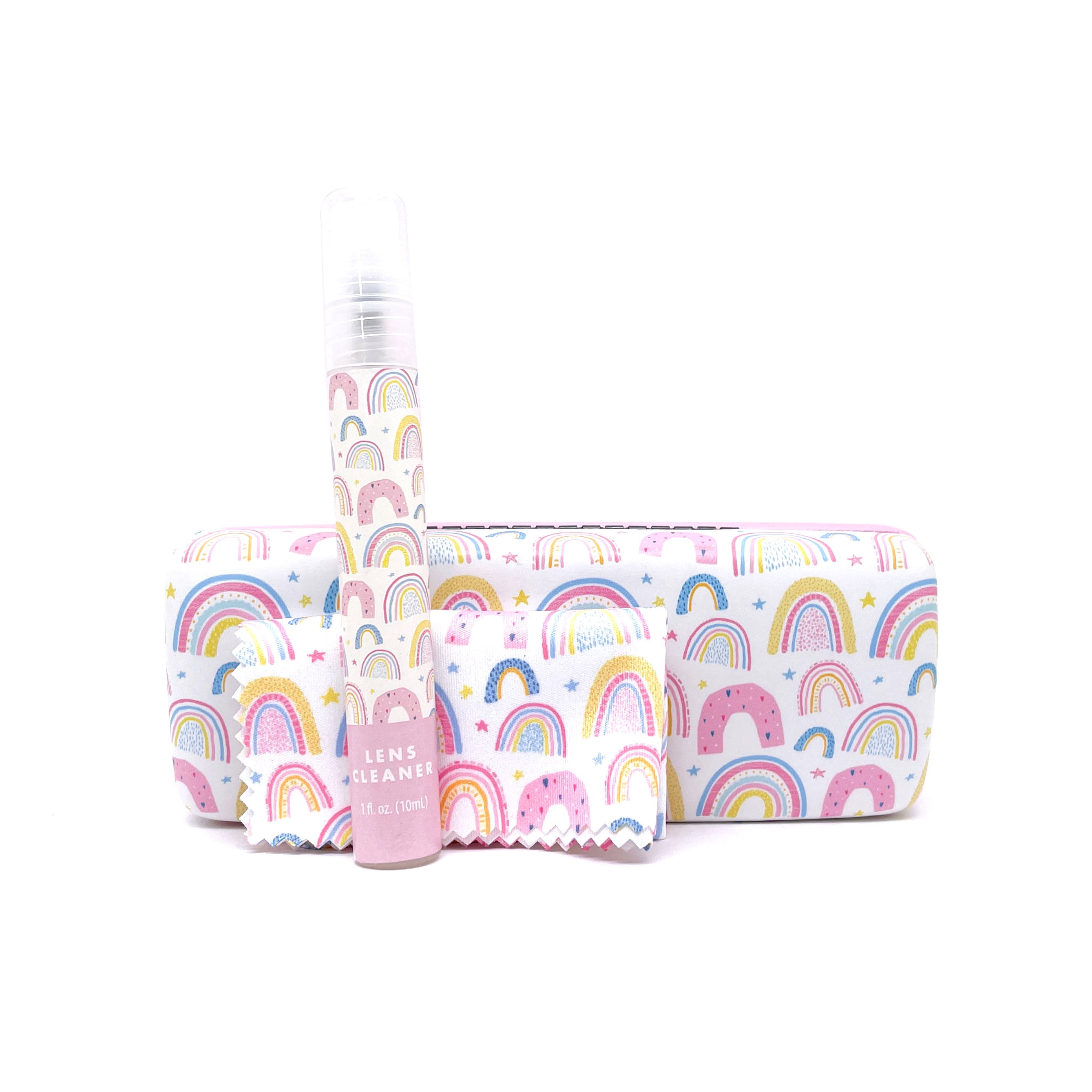 Abstract Rainbow Eyewear Polycarbonate Case Bundle with Cleaning Spray and Cloth, Pink