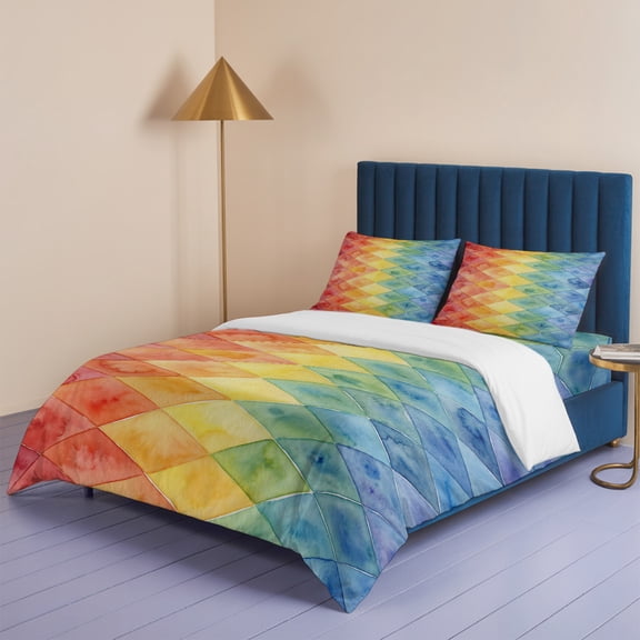 Abstract Rainbow Geometric Queen Size Bed Set,Gradient Diamond Shape Bedding for All Seasons,4 Pcs Bed Set,1 Quiltcover (90"x90"),1 Sheet (90"x102"),2 Pillowcases (20"x30")
