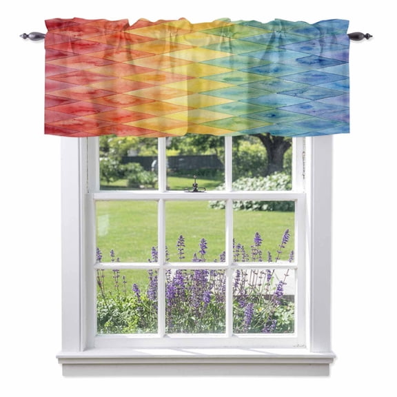 Abstract Rainbow Geometric Valances for Windows,Kitchen Valance Rod Pocket Short Curtain, Gradient Diamond Shape Valance Curtain Window Valances for Bedroom Bathroom Living Room 42x12in