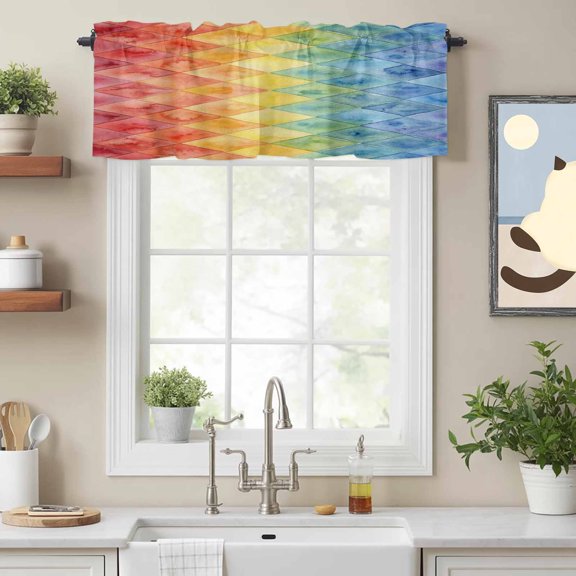 Abstract Rainbow Geometric Valances for Windows,Kitchen Valance Rod Pocket Short Curtain, Gradient Diamond Shape Valance Curtain Window Valances for Bedroom Bathroom Living Room 54x18in