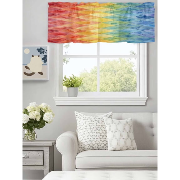 Abstract Rainbow Geometric Valances for Windows,Kitchen Valance Rod Pocket Short Curtain, Gradient Diamond Shape Valance Curtain Window Valances for Bedroom Bathroom Living Room 60x18in