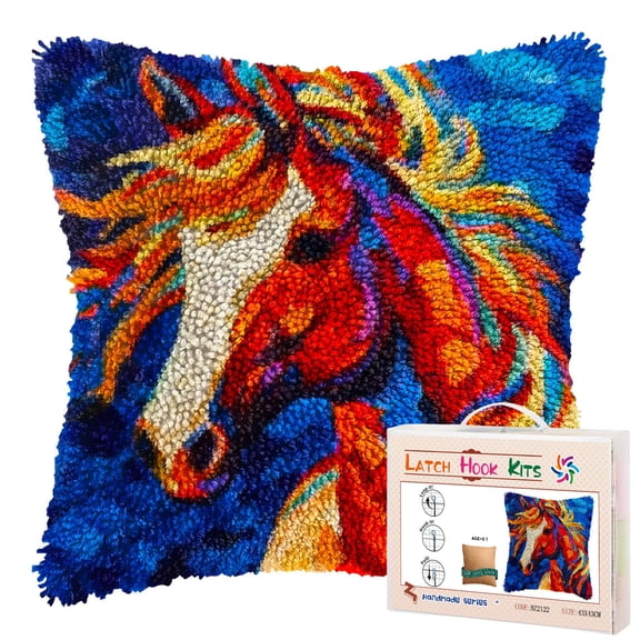 Abstract Rainbow Hair Horse DIY Latch Hook Pillow Kits for Adults Printed Pillowcase Crochet Yarns Hooking Handmade Pillow Cover Cushion for Home Sofa Decoration 17x17inch(3)