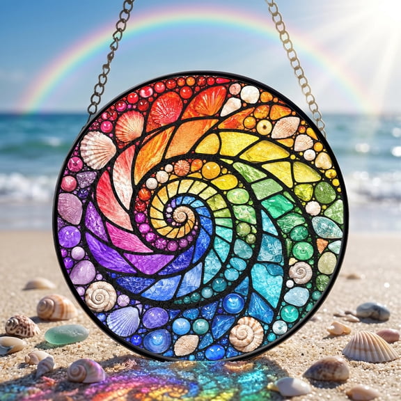 Abstract Rainbow Seashell Faux Stained Glass Acrylic Suncatcher, Window Hanging Decor, Beach House Gift