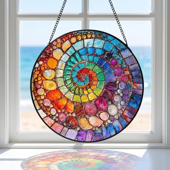 Abstract Rainbow Shell Faux Stained Glass Acrylic Suncatcher, Window Hanging Decor, Beach House Gift