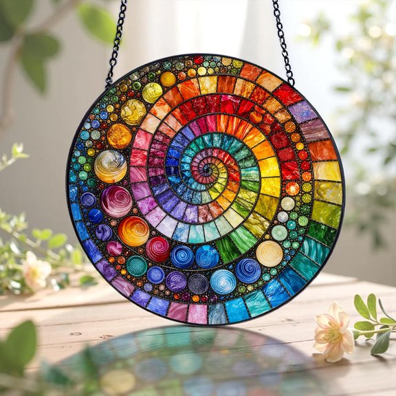 Abstract Rainbow Shell Spiral Faux Stained Glass Acrylic Suncatcher, Window Hanging Decor, Beach House Gift