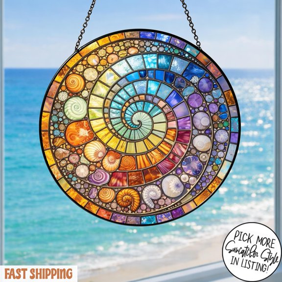 Abstract Rainbow Shell Spiral Faux Stained Glass Acrylic Suncatcher, Window Hanging Decor, Beach House Gift