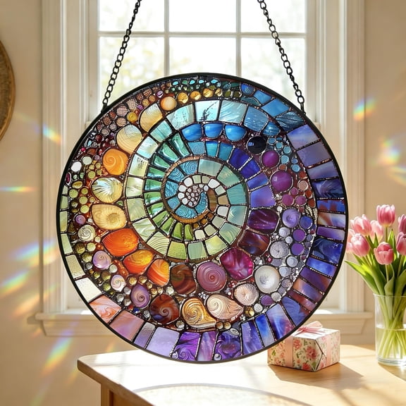 Abstract Rainbow Shell Spiral Faux Stained Glass Acrylic Suncatcher, Window Hanging Decor, Beach House Gift