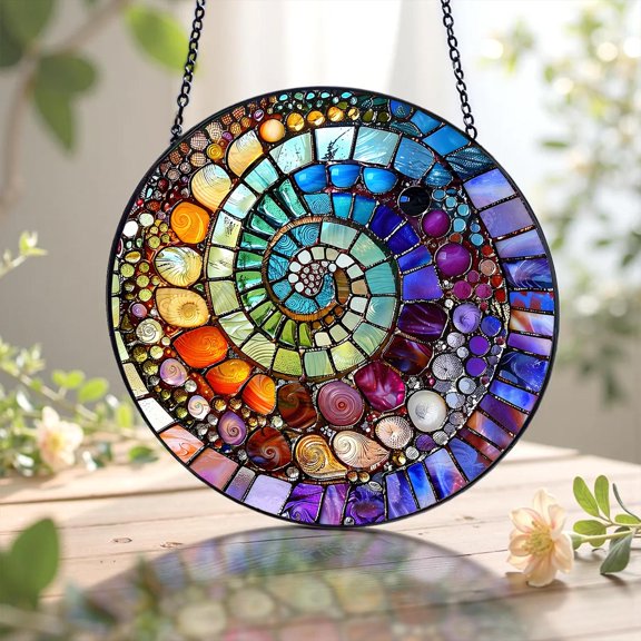 Abstract Rainbow Shell Spiral Faux Stained Glass Acrylic Suncatcher, Window Hanging Decor, Beach House Gift