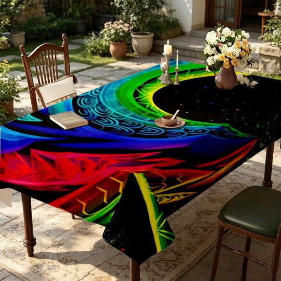 Abstract Rainbow Swirl Starry Sky Print Tablecloth, Indoor Home Holiday Party Decor, Trippy Stylish Table Linen, Thanksgiving Christmas Gift