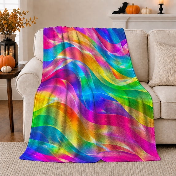 Abstract Rainbow Wave, Cozy Coastal Landscape Scene, Warm Flannel Blanket for Beach House and Living Room with Detailed Artwork, Beach Lovers Graduation Gift, Coastal Home Decor
