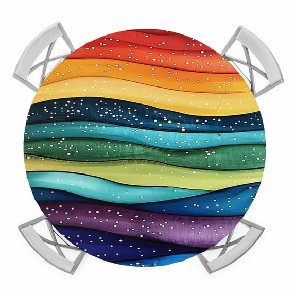 Abstract Rainbow Wave Elastic Fitted Round Table Cover Colorful Stripes Waterproof Outdoor Tablecloth for Holiday Party, Picnic, Patio & Dining Fits Tables Up to 36"-44"