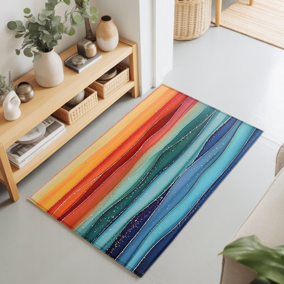 Abstract Rainbow Wave Marble Texture Rectangle Rug 2'x3' Colorful Ocean Waves Washable Area Rugs for Living Room Bedroom Entryway Non Slip Entrance Door Mat Indoor Floor Carpet