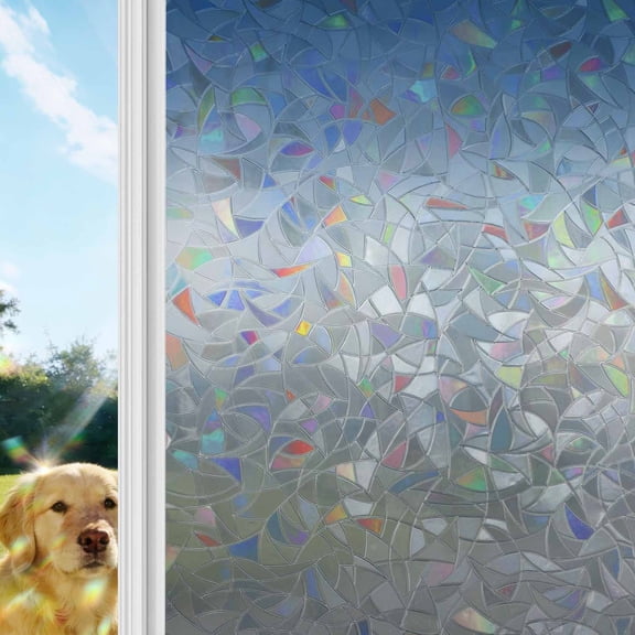 Abstract Rainbow Window Privacy Film, Blue Grey Gradient Modern Art Stained Glass Window Film, Sun Blocking Glass Clings Static Cling Non Adhesive Door Stickers 23.6 x 78.7 Inches