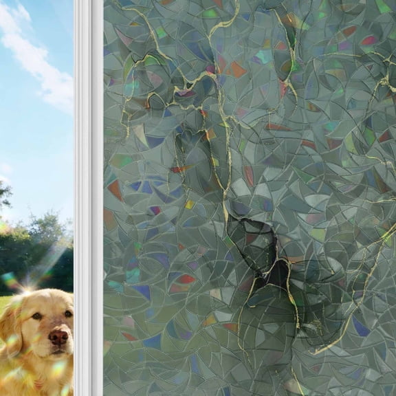 Abstract Rainbow Window Privacy Film, Sage Green Golden Marble Fluid Lines Stained Glass Window Film, Sun Blocking Glass Clings Static Cling Non Adhesive Door Stickers 19.6 x 39.3 Inches