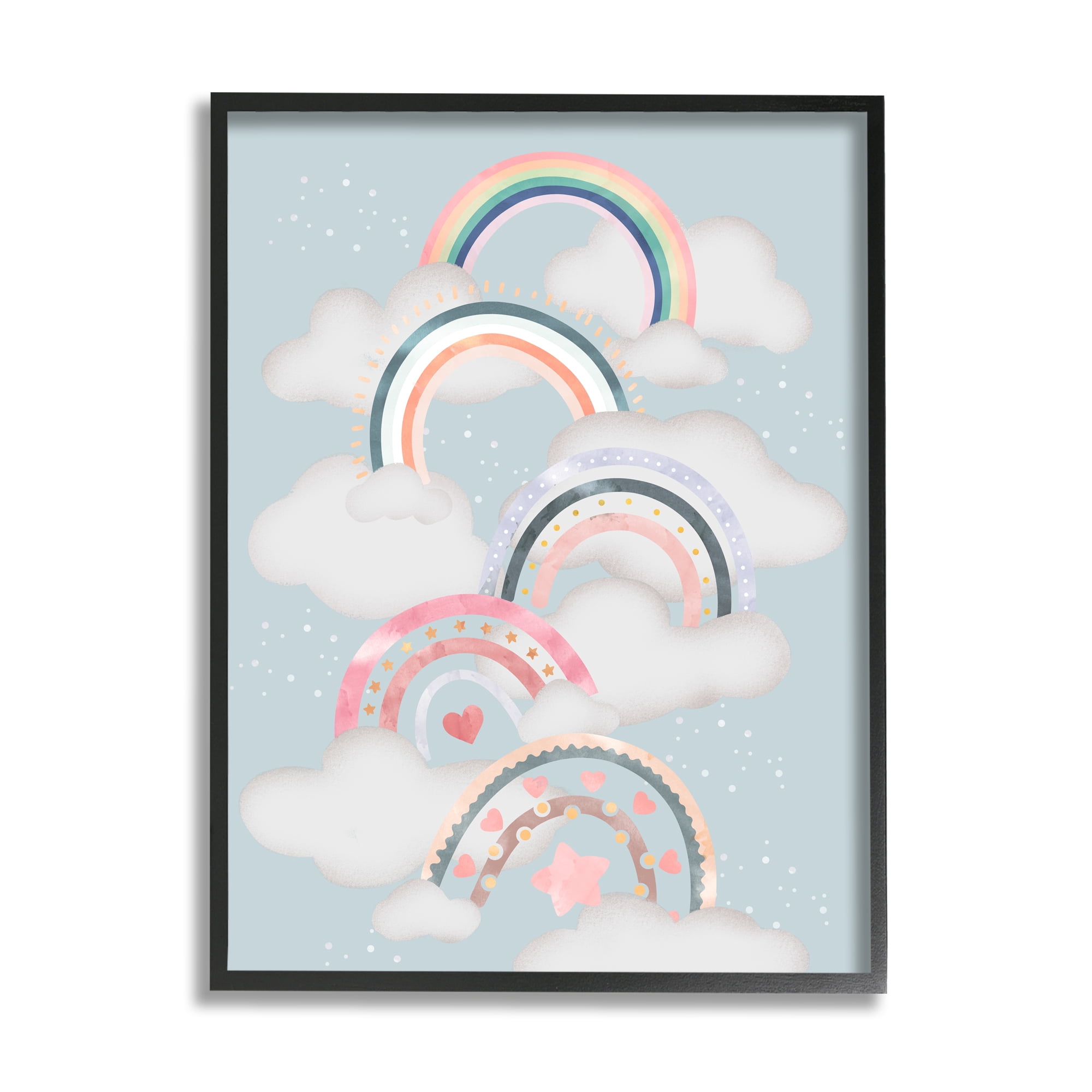 Abstract Rainbows and Hearts Playing in Clouds 16 in x 20 in Framed Painting Art Prints, by Stupell Home Décor