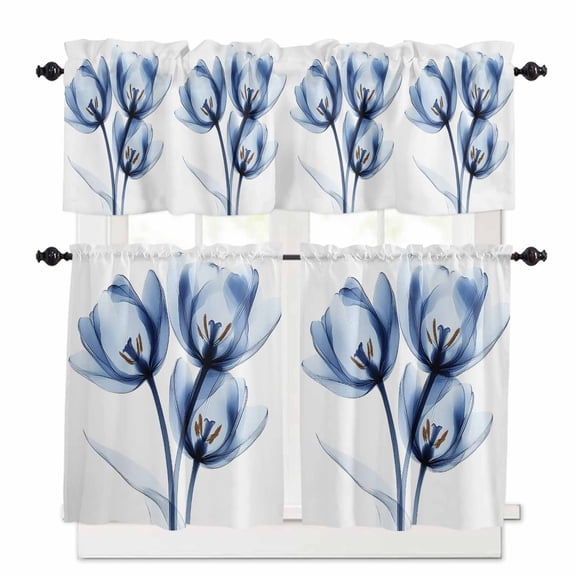 Abstract Ray Tulip Kitchen Curtains Valance and Tier Set Transparent Blue Flowers Rod Pocket Short Curtains for Small Window 3 Pieces Set for Bedroom Bathroom Cafe (54" x 18"+27" x 24")