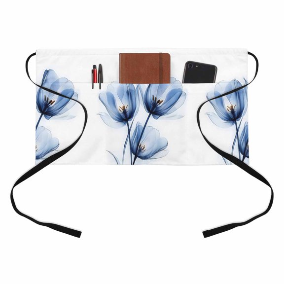 Abstract Ray Tulip Kitchen Restaurant Half Waist Apron, Transparent Blue Flower Server Short Apron with 3 Pockets Waterproof Oil Waist Aprons for Women Waitress Waiter