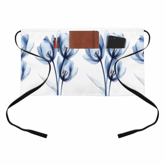 Abstract Ray Tulip Kitchen Restaurant Half Waist Apron, Transparent Blue Flowers Server Short Apron with 3 Pockets Waterproof Oil Waist Aprons for Women Waitress Waiter