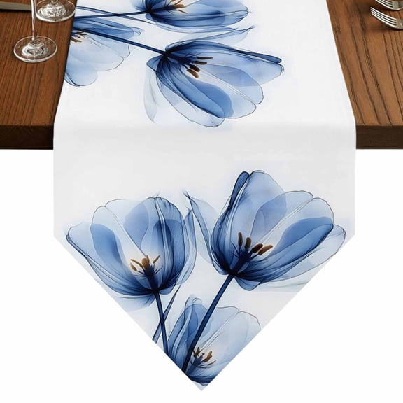 Abstract Ray Tulip Table Runner for Dining Room, Transparent Blue Flower Cotton Linen Dining Table Runner Tablecloth Dresser Scarves for Kitchen Cafe 13x36 Inches Long