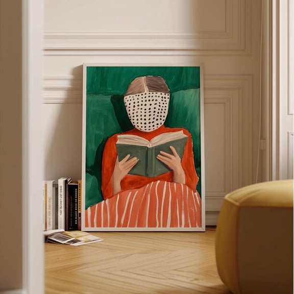 Abstract Reading Art Print, Dotted Face Figure Cozy Couch Scene, Red And Green Modernunique Portrait Decor Wall Art, Modern Wall Decor, 8x12 UNFRAMED