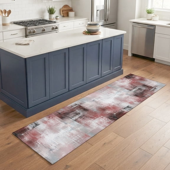 Abstract Red 2'x6' Runner Rugs for Hallway Kitchen Bedside Non Slip Washable, Modern Oil Painting Color Blocks Artwork Entryway Rug Runners with Rubber Backing, Long Carpet Runner for Laundry Room