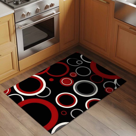 Abstract Red 2x3 Rug for Entryway Front Door Kitchen Sink Area, Black Circle Modern Geometric Art Low Pile Washable Non Slip Rectangle Area Rug