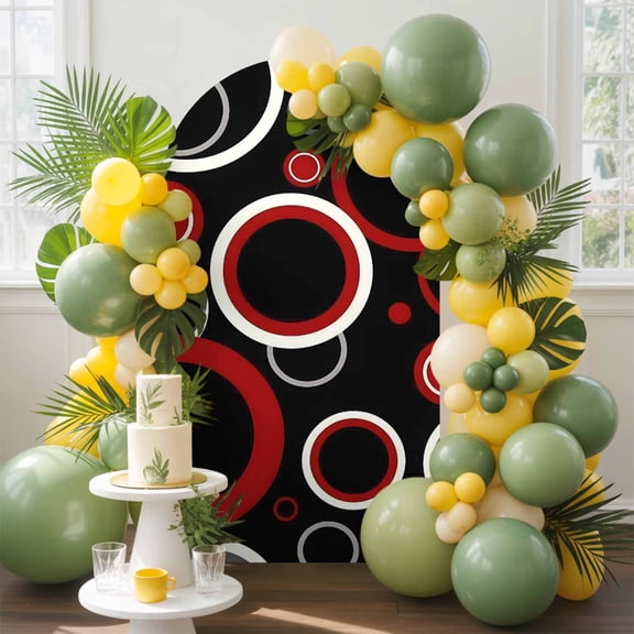 Abstract Red Arch Backdrop Cover, 7.2FT, Black Circle Modern Geometric Art Spandex Arch Covers Double-Sided Backdrop for Wedding Birthday Party Photo Background Decoration