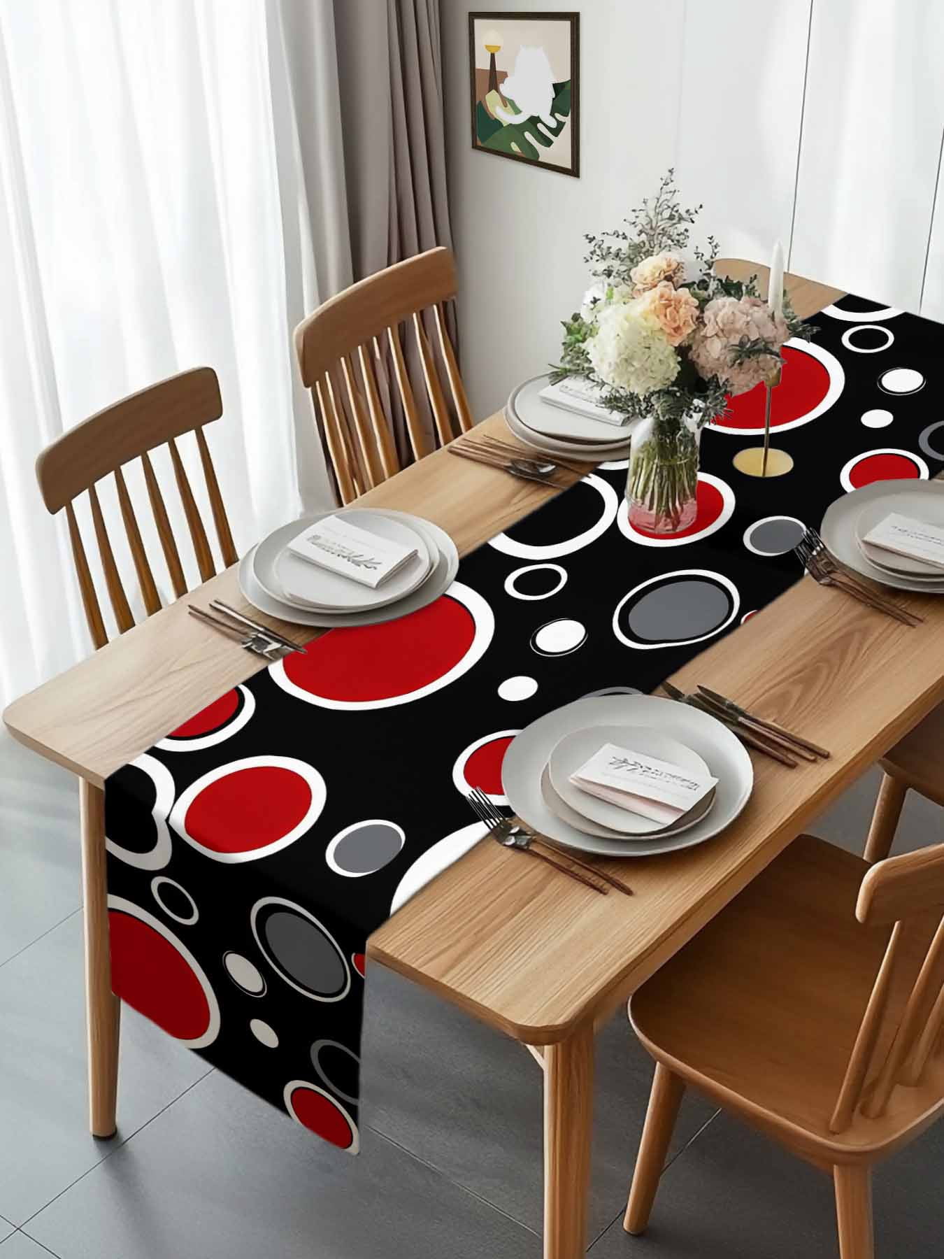 Abstract Red Black Circle Table Runner 90 Inches Long, Color Block on Black Table Runners Tabletop Scarf Kitchen Dining Tables Decoration for Home Party Indoor Outdoor