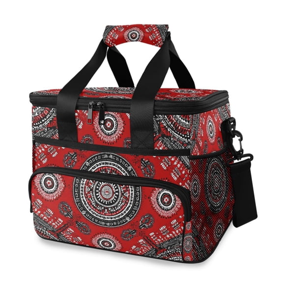 Abstract Red Black Geometric Pattern Portable Cooler Lunch Box Reusable Insulated Lunch Bag Leakproof 15L