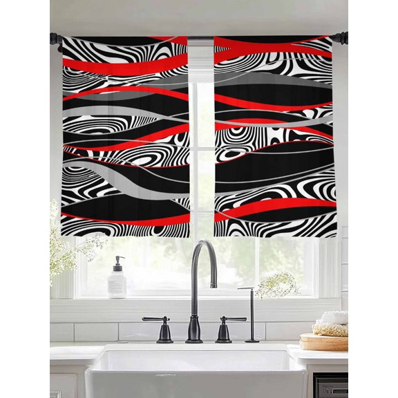 Abstract Red Black Stripe Chiffon Sheer Curtains 45 Inches Long, Zebra Animal Skin Texture 2 Rod Pocket Window Treatment Voile Drapes Curtains for Living Room Bedroom,2 Panels, 52x45In