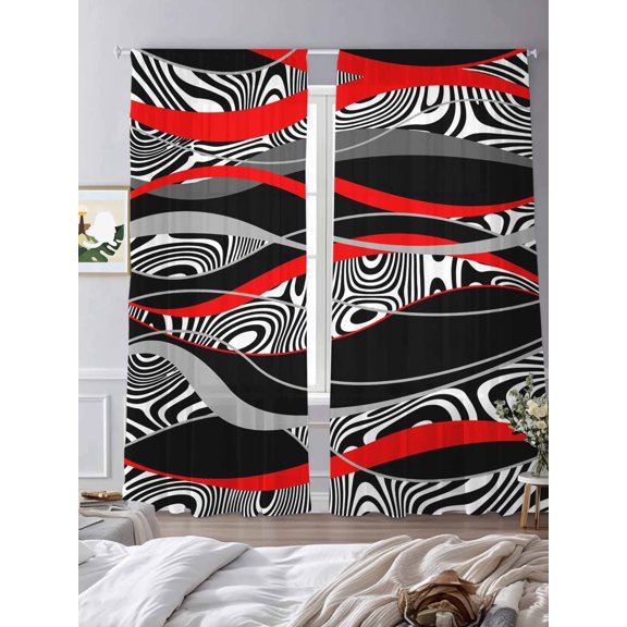 Abstract Red Black Stripe Sheer Curtains 2 Panels Set Zebra Animal Pattern Texture Lihgt Filtering Rod Pocket Voile Drape,Semi Sheer Window Curtains for Bedroom Living Room,52"x84"