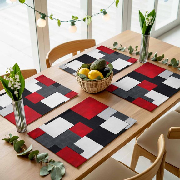 Abstract Red Black White Gray Color Block Placemats Set of 4,Wipeable Washable Table Mats for Dining Tables, Geometric Art Place Mats for Kitchen Event Party Tabletop Decor