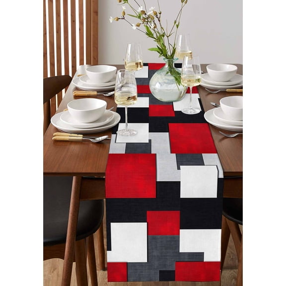 Abstract Red Black White Gray Color Block Table Runner 13x36in Non-Slip Cotton Linen Table Runners, Geometric Art Dresser Scarves TableRunner for Dinner Kitchen Dining Wedding Party
