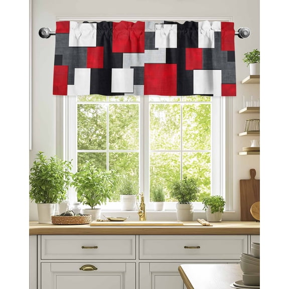 Abstract Red Black White Gray Color Block Valances for Windows,Kitchen Valance Rod Pocket Short Curtain,Geometric Art Valance Curtain Window Valances for Bedroom Living Room 54x18in