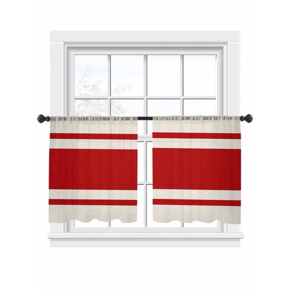 Abstract Red Color Block Sheer Curtains 45 Inch Long 2 Panels, Vintage Lines Linen Texture Light Filtering Rod Pocket Semi Sheer Curtains, Sheer Voile Drapes for Living Room Bedroom, 52"x45"