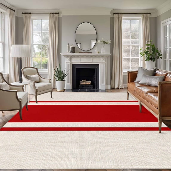 Abstract Red Color Block Washable Living Room Rugs 8'x10', Vintage Lines Linen Texture Low Pile Throw Large Area Rug Non-Slip Sturdy Edge Binding Carpet for Bedroom Dining Room Office