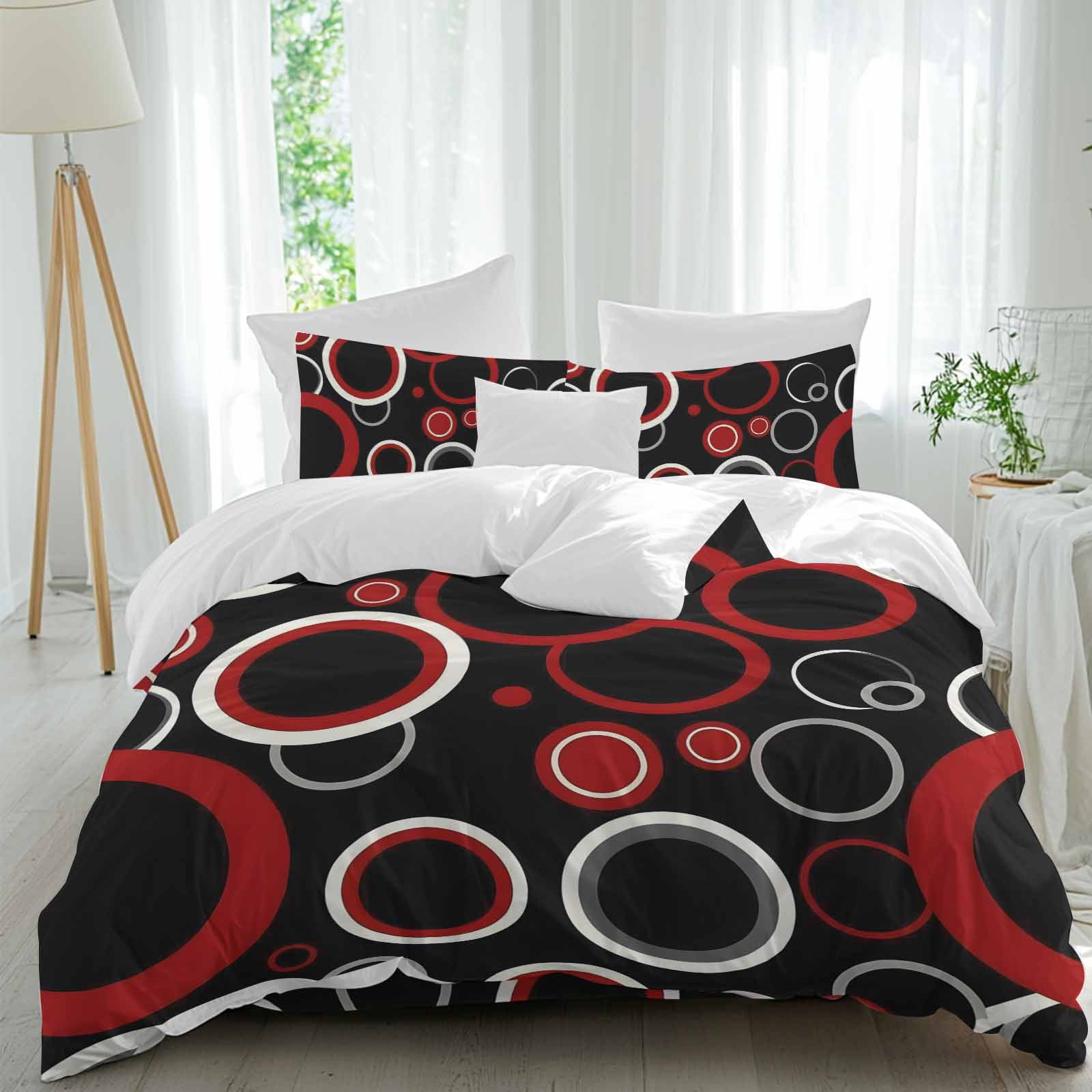 Abstract Red Duvet Cover Set Twin Size, Black Circle Modern Geometric ...