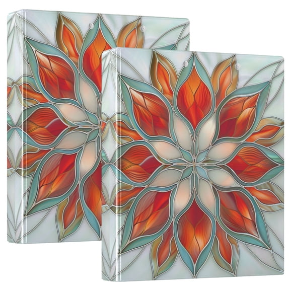 Abstract Red Floral Stained Glass Hardcover 3 Ring Binder 1.5” Round Rings Letter Size Paper Pockets for School Office Supplies