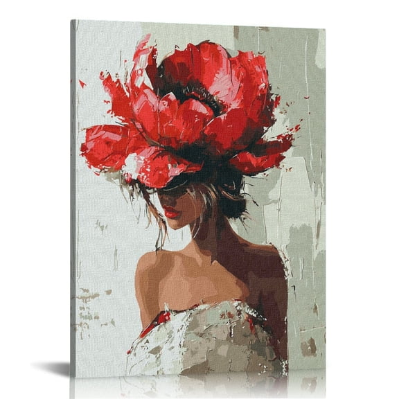 Abstract Red Flower head Woman Poster Modern Canvas Wall Art Print, Floral Girl Abstract Art, Elegant Feminine Beauty Artwork, Flower Hair Girl Modern Art For Living Room Bedroom Home Decor Framed