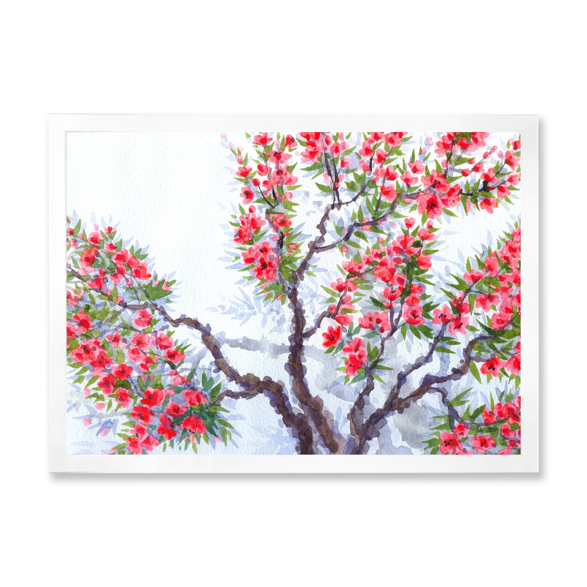 Abstract Red Flowers of Spring Tree 32 in x 16 in Framed Painting Canvas Art Print, by Designart