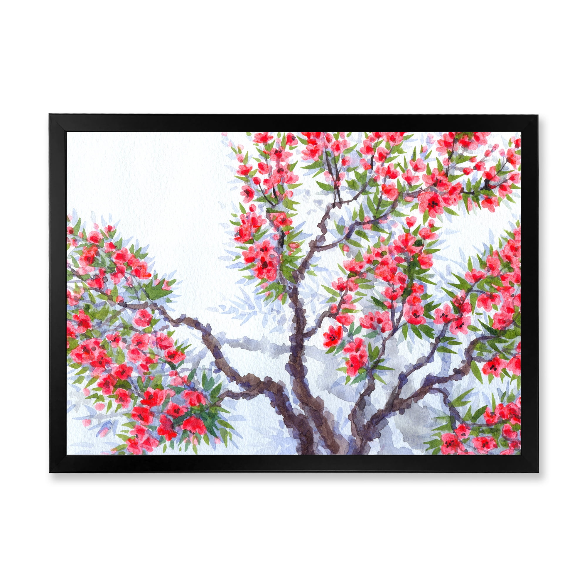 Abstract Red Flowers of Spring Tree 32 in x 16 in Framed Painting Canvas Art Print, by Designart