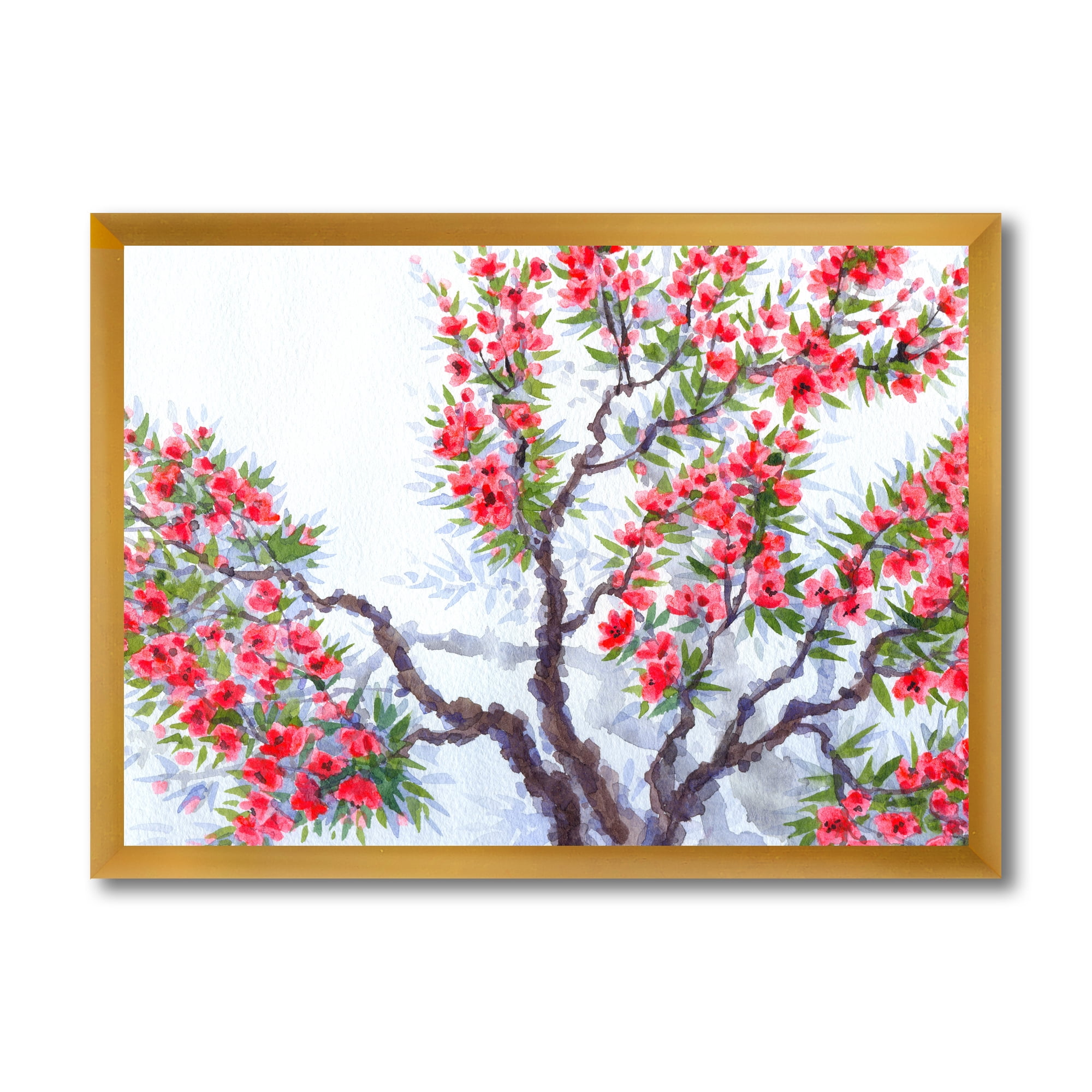 Abstract Red Flowers of Spring Tree 32 in x 24 in Framed Painting Canvas Art Print, by Designart