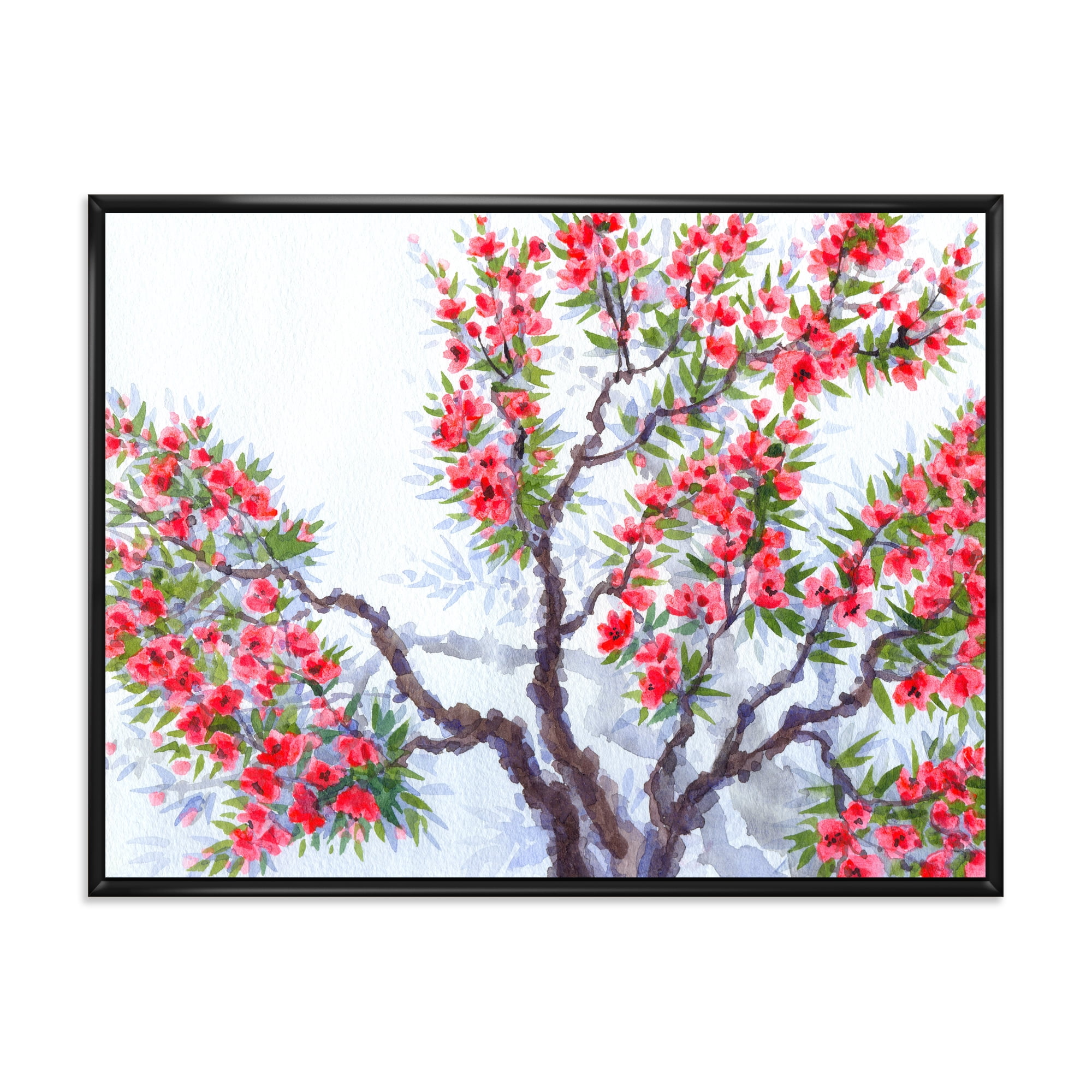 Abstract Red Flowers of Spring Tree 40 in x 30 in Framed Painting Canvas Art Print, by Designart