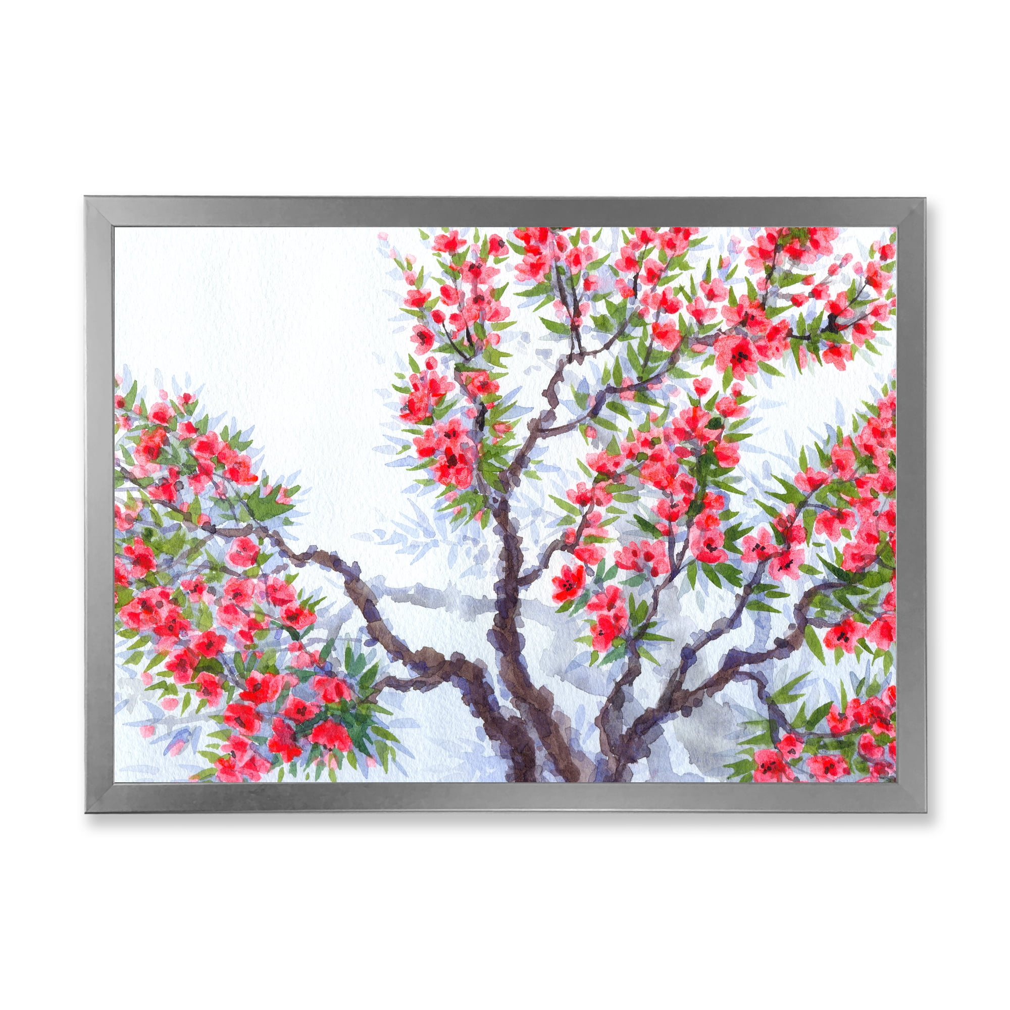 Abstract Red Flowers of Spring Tree 40 in x 30 in Framed Painting Canvas Art Print, by Designart